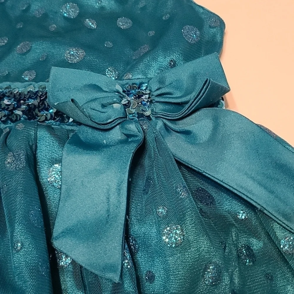 Youngland Girl's Church Dress Teal Sleeveless Glitter Dots Sequins Bow Sz 5 GUC‎